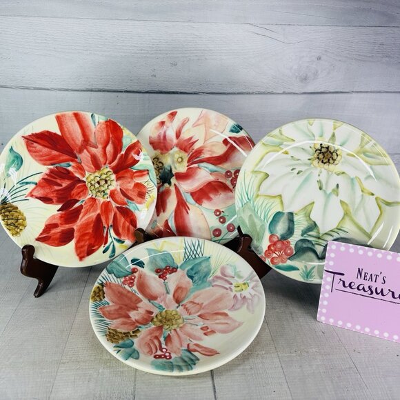 Pfaltzgraff HOLIDAY MARKET Poinsettias Flower Pink Red Ceramic Salad Plate Set 4 - Picture 1 of 16